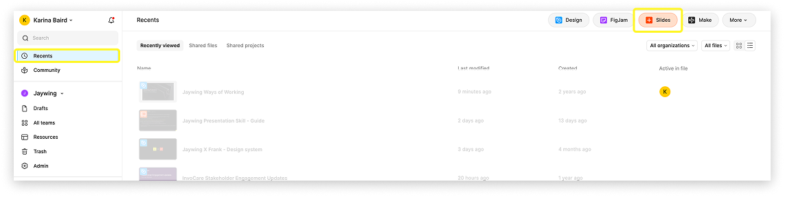 Figma recents tab showing slides files